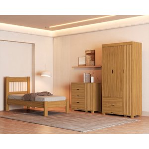 Quarto de Solteiro Cama Mdf com Cômoda 4 Gavetas 1 Porta e Guarda Roupa 3 Portas 2 Gavetas Nature