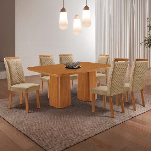 Mesa de Jantar Eloise 180cm Tampo MDF Canto Copo Laminado e 6 Cadeiras Lorena