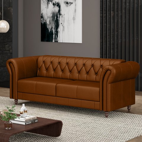 Sofá Living Sala de Estar Stanford Chesterfield 2 Lugares 200cm Pés de Madeira Couro Caramelo G58 - 