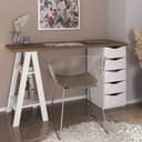 Ver imagem 1 de Escrivaninha Mesa Escritório Moderna Spirit com e 5 Gavetas 2 Prateleiras 100% MDF 136cm Nogal e Branca Artany