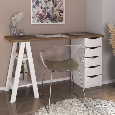 Escrivaninha Mesa Escritório Moderna Spirit com e 5 Gavetas 2 Prateleiras 136cm Nogal E Branca