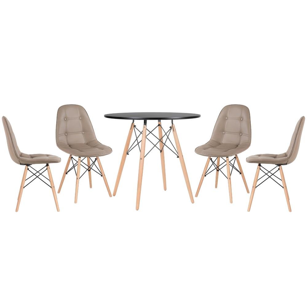Conjunto Mesa Redonda Eames 80cm preto + 4 Cadeiras estofadas Eiffel Botonê Nude - 1