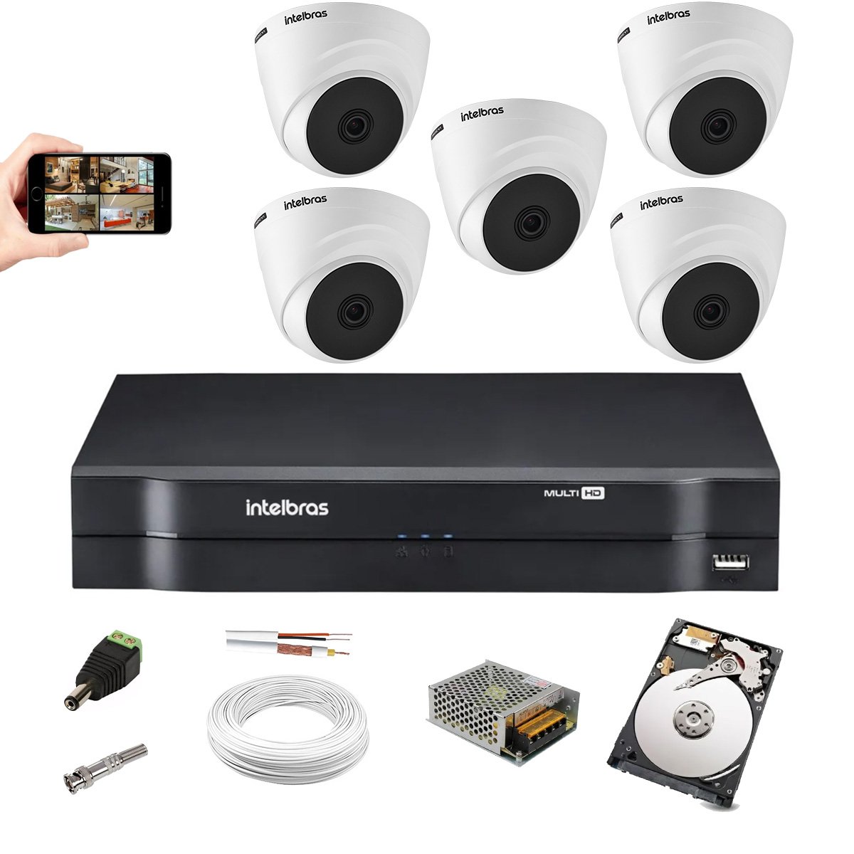 Kit CfTV Intelbras 5 Câm VHD 1010 Dome DVR Mhdx 1108 500Gb - 1