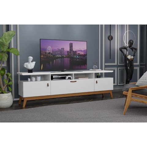 Rack ABS 2.18m Estilo Retrô Com Pés em Madeira e Puxadores em Couro Para TV Até 75'' Com Nichos Para