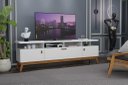 Ver imagem 1 de Rack ABS 2.18m Estilo Retrô Com Pés em Madeira e Puxadores em Couro Para TV Até 75'' Com Nichos Para