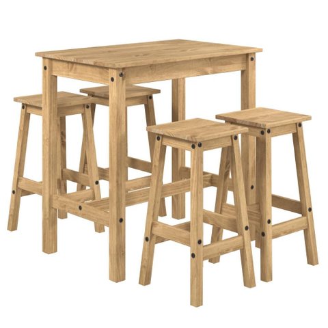Mesa Alta e 4 Banquetas de Madeira Maciça Marrom Antique