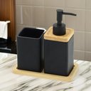 Ver imagem 2 de Jogo de Banheiro 3 Pecas em Bambu e Ceramica Marrom e Preto