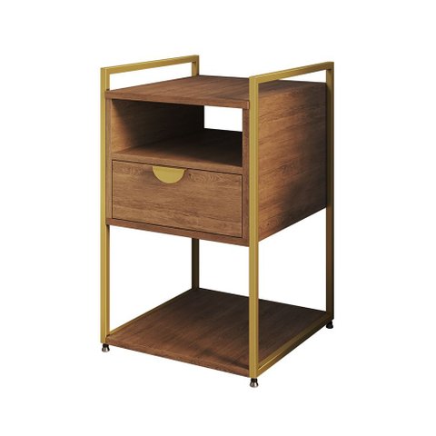Mesa de Cabeceira Industrial Tókio com Gavetas e Ferro Dourado para Apoio - Tampo Amêndoa