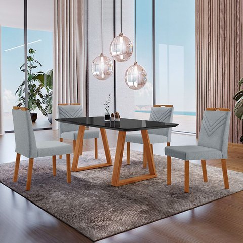 Conjunto Sala de Jantar Mesa Viena Madeira Maciça 140x80cm Tampo Retângular Vidro Preto com 4 Cadeir