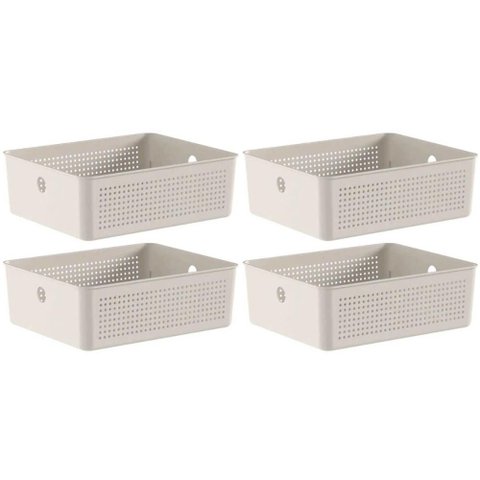 Kit 4 Caixas Organizadoras ou Multiuso 12l Bege Flow 34x27x13cm Lavanderia Closet Banheiro