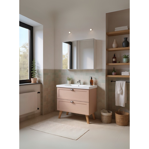 Gabinete para Banheiro com Cuba e Armario 80cm Retro MDF Rosa Milano - On Móveis