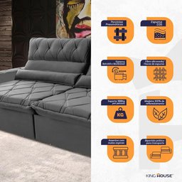 Sofá Retrátil/reclinável França 300cm Suede Velut com Molas no Assento - King House - 4