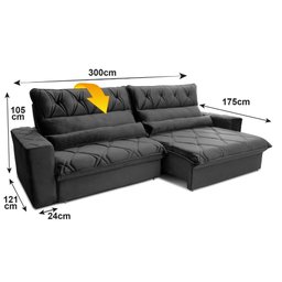 Sofá Retrátil/reclinável França 300cm Suede Velut com Molas no Assento - King House - 3