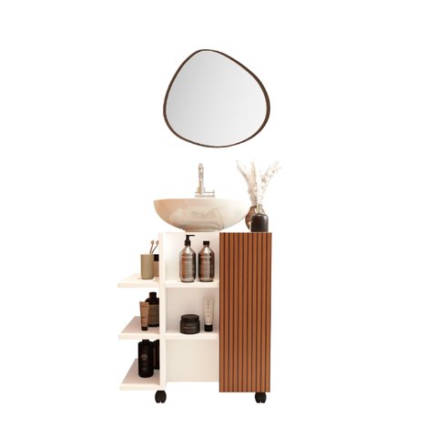 Kit Espelho Orgânico e Gabinete para Banheiro Classic:branco/ripado