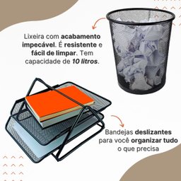 Kit Escritório Bandeja Organizadora e Lixeira Aramada - 4