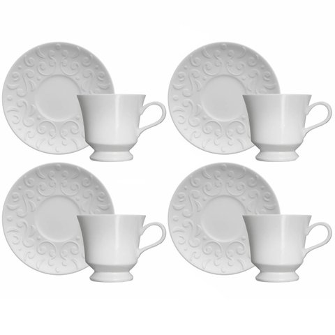 Conjunto 4 Xícaras de Café com Pires 80ml Porcelana em Relevo Tassel Germer Branco