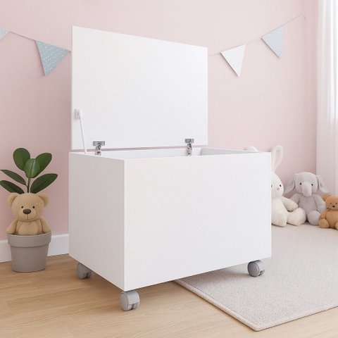 Baú Kids Caixa de Brinquedos Organizadora com Tampa e Rodas Branco