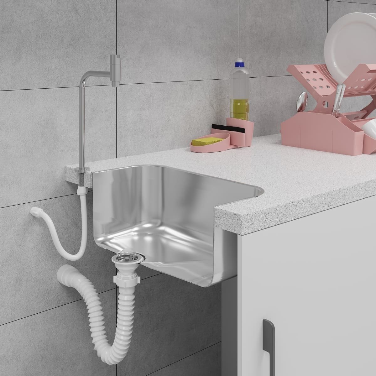 Sifão Sanfonado Universal 61cm Branco + Válvula de Lavatório 1.1/4" com Tampa Branca + Veda Rosca - 11