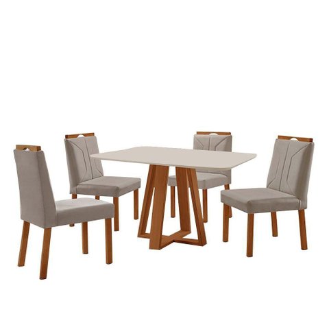 Conjunto Sala de Jantar Mesa Floripa 120x90cm Off White com 4 Cadeiras Luna Veludo Cinza