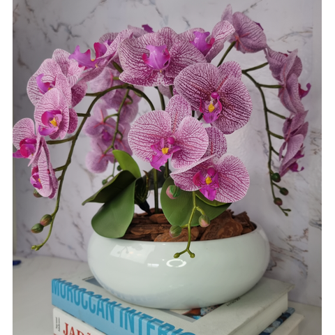 Arranjo Com 4 Orquídeas Violeta Vaso Ceramica 28cm