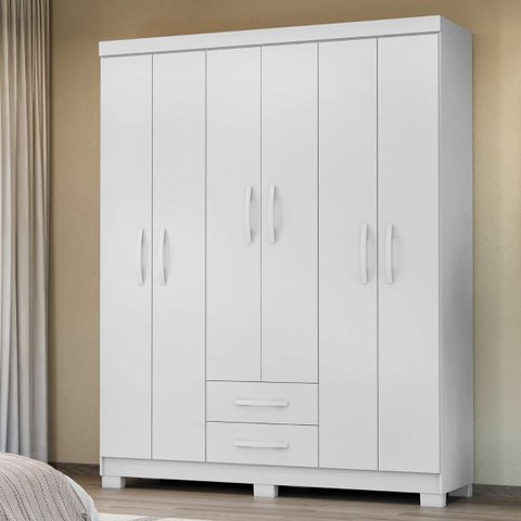 Guarda Roupa Casal 6 Portas 2 Gavetas Parede Madeira MDP Branco