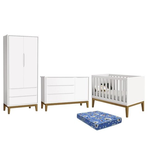 Dormitório Infantil Classic 2 Portas, Cômoda 1 Porta, Berço Branco com Pés Amadeirado e Colchão - Re
