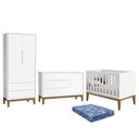 Ver imagem 1 de Dormitório Infantil Classic 2 Portas, Cômoda 1 Porta, Berço Branco com Pés Amadeirado e Colchão - Re