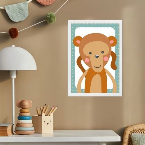 Quadro Infantil Safari - Macaquinho 24x18cm - com Vidro:moldura Branca