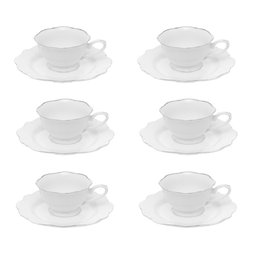 Cj 6 Xícaras P/chá C/pires de Porcelana Branca Maldivas C/filete Prata 180ml Wolff - 1