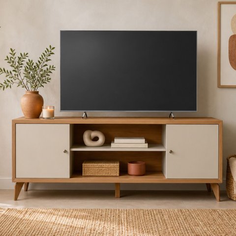 Rack para Sala de Estar TV 70 pol 2 Portas 160cm Pilar L05 Jequitibá Off White Fosco - Lyam Decor