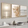 Kit 3 Quadros Decorativos Praia Folhagem Bege Boho Moderno Sala - 3