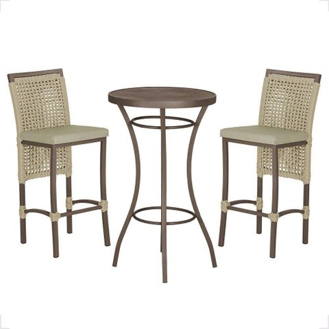 Mesa Bistrô e 2 Banquetas Roma Marrom Corda Estofado 7 Trama Rami
