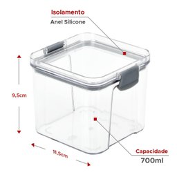 Pote Hermético Quadrado Transparente Com Trava 700Ml Cinza - 2