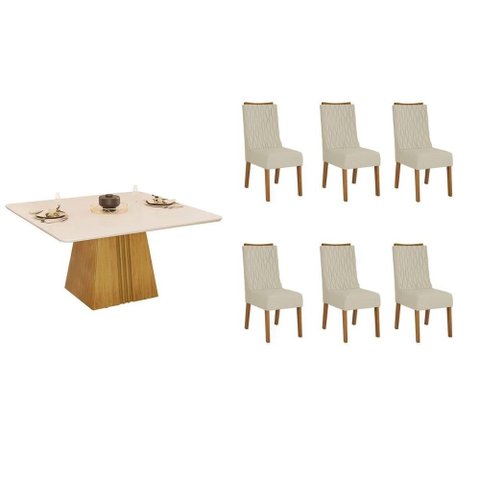 Sala de Jantar Completa Itália C/ Tampo Madeirado C/ Vidro Curvo 136x136cm e 6 Cadeiras Jade Cedro/