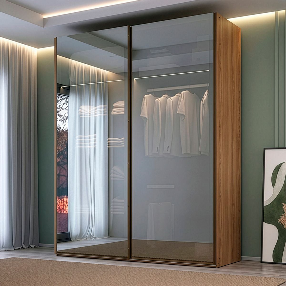 Roupeiro Veneto em Mdf 183x230cm 2 Portas Reflecta com Led Olmo