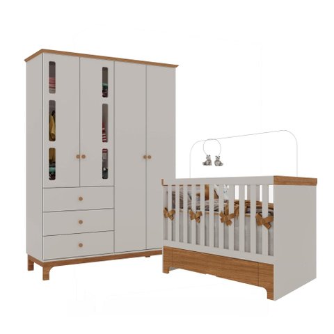 Conjunto Infantil Antonella Berço com Gaveta e Roupeiro 4p Off White/caramelo Móveis Canaã