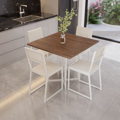 Conjunto Mesa de Jantar Quadrada Imbuia 4 Cadeiras Estofado Riviera Industrial Branco
