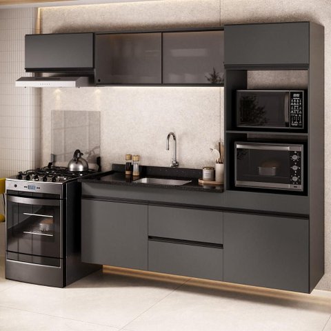 Armário de Cozinha Modulada Completa com Pia Suspensa 251,5cm Milano Multimóveis MCR2405 Grafite/
