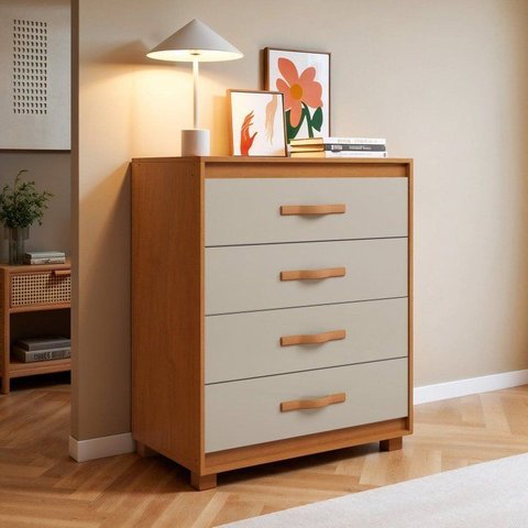 Cômoda para Quarto 4 Gavetas com Pés Puxador Softfeel Suavitá 89cm Marrom Amêndoa Clean