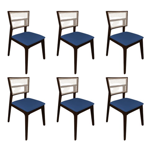 Kit 6 Cadeiras de Jantar Madeira Maciça Castanho Manuela Assento Veludo Azul Tela Premium