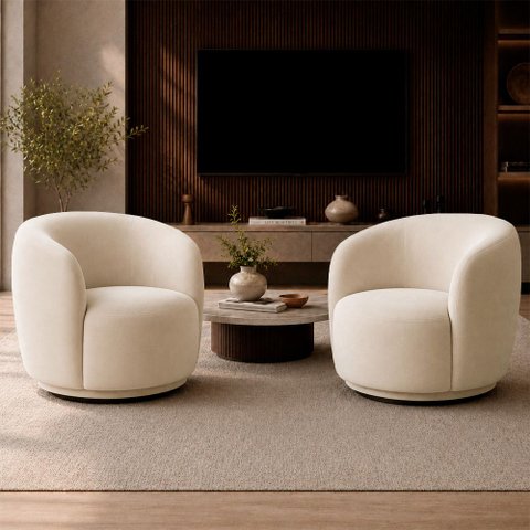 Kit 2 Poltronas Decorativas Sala de Estar Melissa Giratória Bouclê Off White M1 - Monari Design