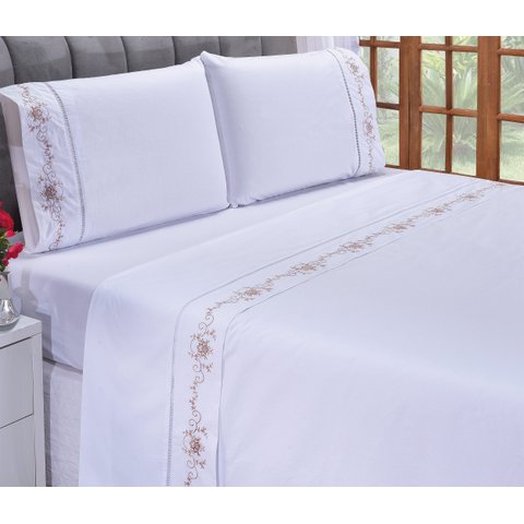 Jogo lençol Fluence quarto casal Padrão bordado 4 peças 2fronha: Branco com Caqui