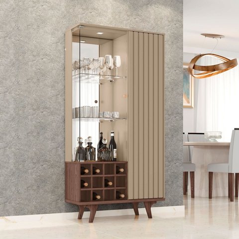 Cristaleira 1 Porta com LED com Espelho MDF/MDP 180cm x 90.5cm Adega Marrom Fendi Carvalho Elba