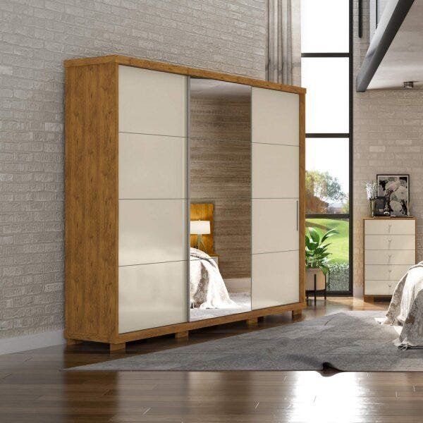 Guarda-Roupa Casal com Espelho 3 Portas de Correr Barcelona Móveis Robel Menor preço em Guarda-Roupa Casal com Espelho 3 Portas de Correr Barcelona Móveis Robel