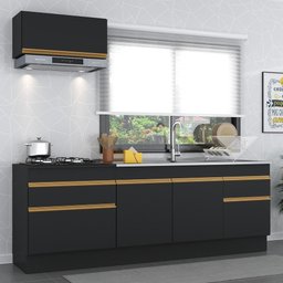 Armário de Cozinha Compacta 220cm com Rodapé Veneza Multimóveis V2109 Preto/Dourado - 3