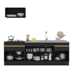 Armário de Cozinha Compacta 220cm com Rodapé Veneza Multimóveis V2109 Preto/Dourado - 6