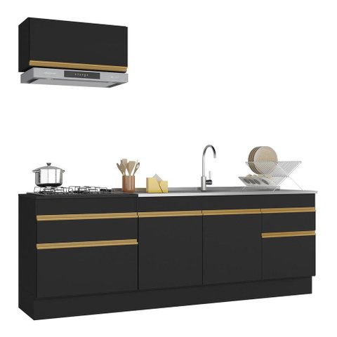 Armário de Cozinha Compacta 220cm com Rodapé Veneza Multimóveis V2109 Preto/Dourado