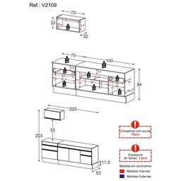 Armário de Cozinha Compacta 220cm com Rodapé Veneza Multimóveis V2109 Preto/Dourado - 5