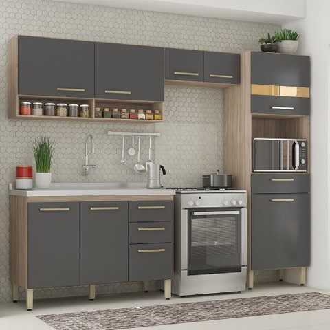 Kit Cozinha Compacta com Balcão para Pia + Armário Aéreo Avena/ Grafito