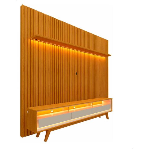 Conjunto Painel Ripado Tv até 75 e Rack Pés Madeira Duque Cor:madeira